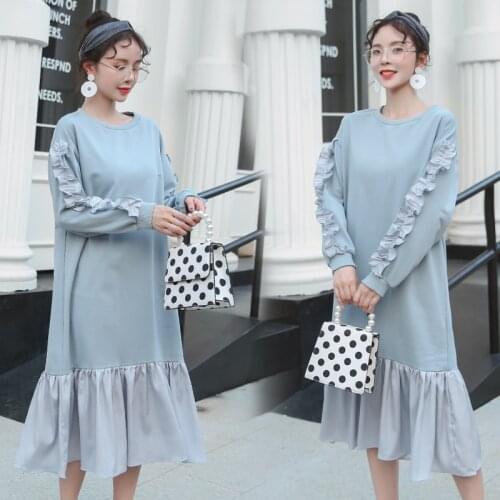614# Maternity Clothes Spring Autumn Cotton O Neck Patchwork chic Long Sleeves Loose Stylish Dress for Pregnant Women