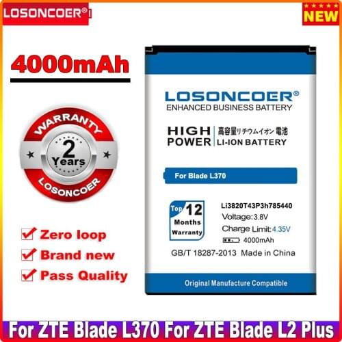 LOSONCOER 4000mAh Li3820T43P3h785440 High Quality Mobile Phone Battery for ZTE Blade L370 / for ZTE Blade L2 Plus Battery