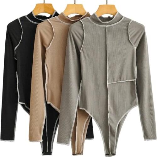 One Piece Women Stand-up Collar Top Stitching Long Sleeve Pullover Black Grey Khaki Bodysuits Jumpsuit