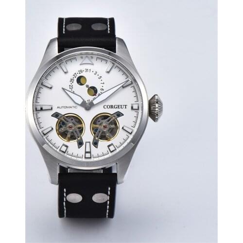 46mm CORGEUT Watch Men Date Display Moon Phase Leather Strap Black/Blue/White Dial