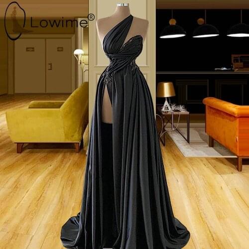 Black Long Evening Dresses Simple One Shoulder A Line Ruched Evening Gowns with High Split Formal Dresses