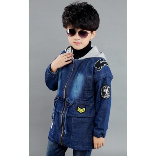 New 2016 Boys Embellished cotton hooded coat children jeans denim jacket Spring Autumn long sleeve baby boy`s outwear