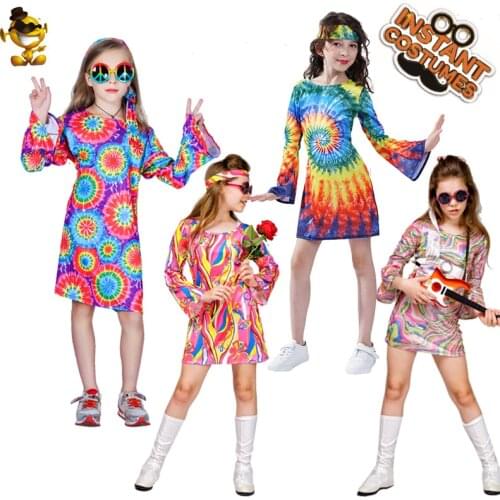 Purim Kids Girls Flower Hippie Dress Costume Fancy Dress Kid Holiday Carnival Party Cosplay 60s70s Hippie Costume Clothes