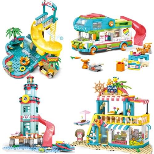 Friends Beach Technic Blocks Camping RV Car Villa Water Building Block House Cartoon City Brick Toys Set for Kids Girls Children