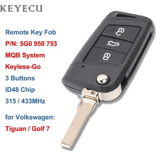 Keyecu MQB System Keyless go Smart Remote Car Key Fob 315MHz/433Mhz ID48 for Volkswagen VW Golf 7 Tiguan P/N: 5G0 959 753