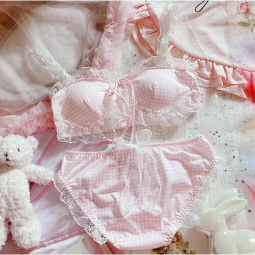 Japanese Sweet Cute Lolita Princess Top Bra Panties Set Lace Underwear Sexy Kawaii Lingerie Gothic Bow Loli Bras Sets Pink Blue