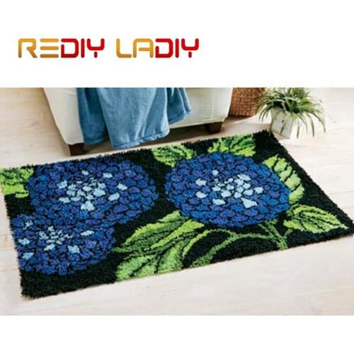 Latch Hook Rug Crochet Floor Mat Blue Flowers Tapestry Kits Acrylic Yarn Printed Canvas Cushion DIY Carpet Rug Arts & Crafts