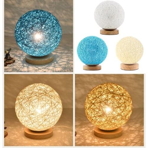 Creative Wood Rattan Ball Bedside Table Lampshade Lamp Night Light With Hand Knitted Lampshade Bedroom Decorative Bedside Lamp