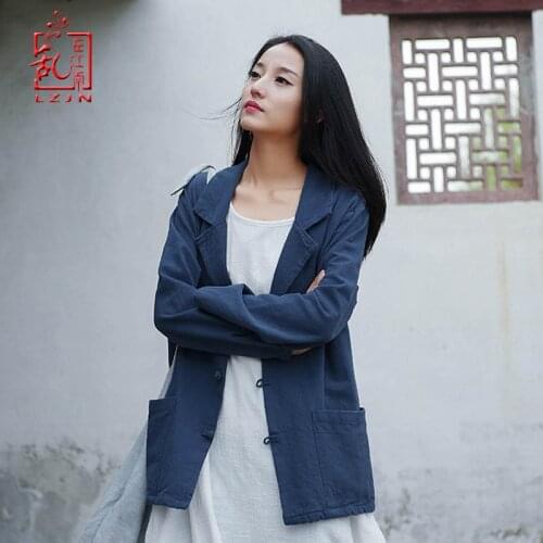LZJN New Spring Autumn Traditional Chinese Suit Tops Women Cotton Linen Blouses Top Vintage Short Shirt Casual Blusas Femininas