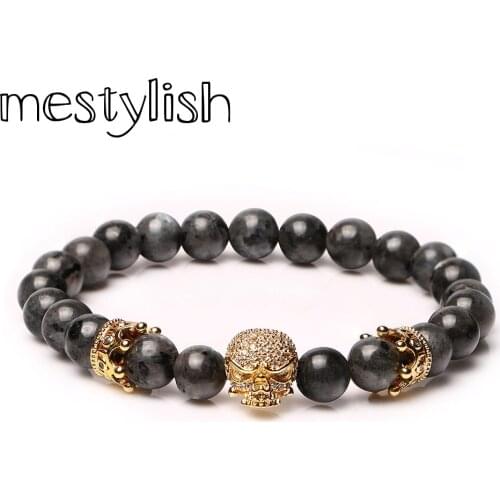 Mestylish Fashion Nature 8mm Grey Flash Stone Bracelet Micro Pave CZ Skull Double Crown Charms Bracelet Jewelry pulsera hombres