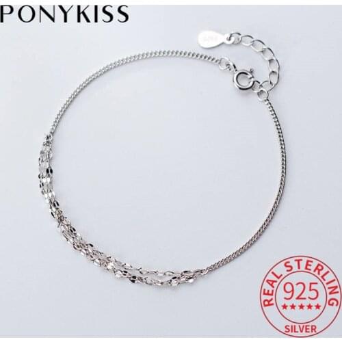 PONYKISS 100% 925 Sterling Silver Multi-layer Chain Bracelets Fashion Women Party Delicate Charm Accessory Girl Fine Chic Gift