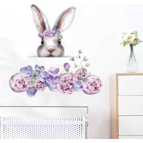 Cartoon Rabbits Stickers Light Purple Pink Flowers Wallpaper For Bedroom Creative Kids Living Room Decorative Decals