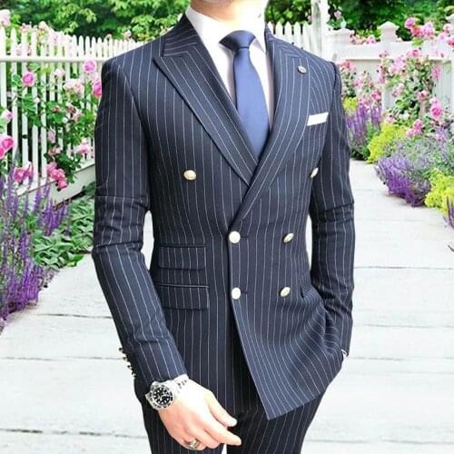 Formal Black Mens Suits Prom Tuxedos Slim Fit Classic Stripe Business Blazer Tuxedo Groom Suits For Wedding 2pcs Pants + Jacket