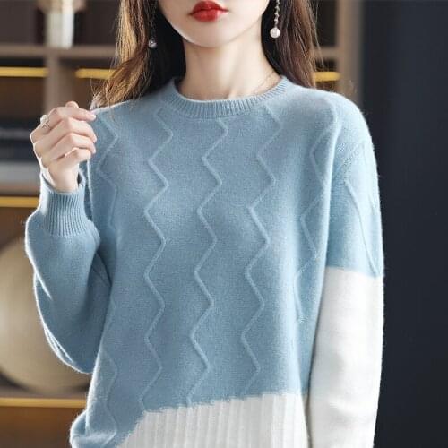 Autumn winter thickened cashmere sweater womens round neck color blocking Pullover Sweater loose and lazy 100% pure wool