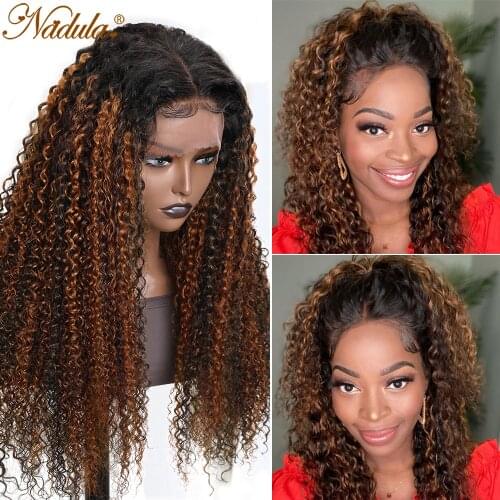Nadula 13x4 Caramel Highlight Wig Shadow Root Bronde Human Hair Lace Wig #FB30 Curly Hair Wig Balayage PrePlucked Lace Front Wig