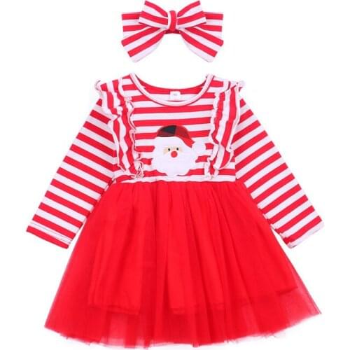 Christmas Dress Long Sleeve Girls Kid Baby Striped Cartoon Santa Party Princess Dress+Headbands Toddler Ruffles Dresses Vestidos