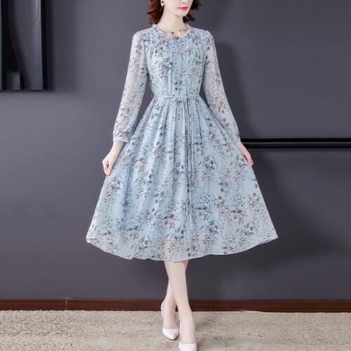 Chiffon floral dress female spring autumn 2021 new long high-end fashion temperament long-sleeved lace-up waist dress s365