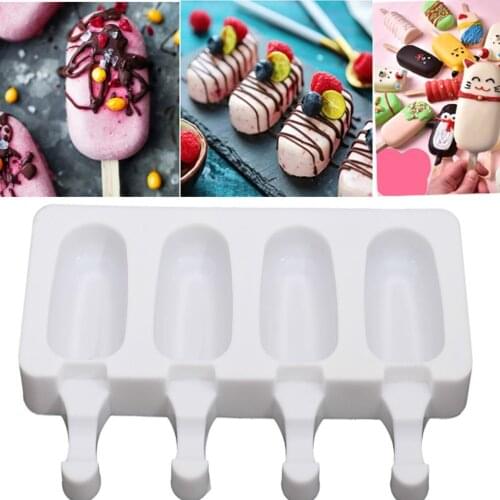4 Cavity Silicone Ice Cream Mold Popsicle Molds DIY Homemade Dessert Freezer Fruit Juice Ice Dessert Pop Maker Mould with Sticks
