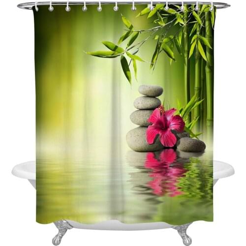 Stones Bamboo Red Flowers Bathroom Shower Curtain Polyester Fabric Waterproof Shower Curtains with Hooks