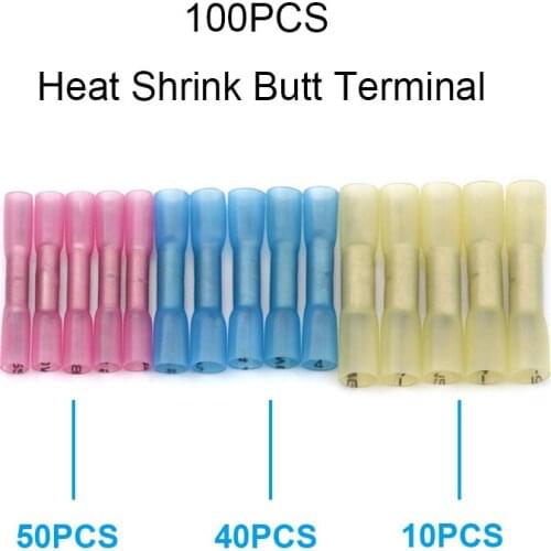 100pcs Waterproof Heat Shrink Butt Terminal Insulated Splice Terminal Electrical Wire Connector Kit 22-10 AWG