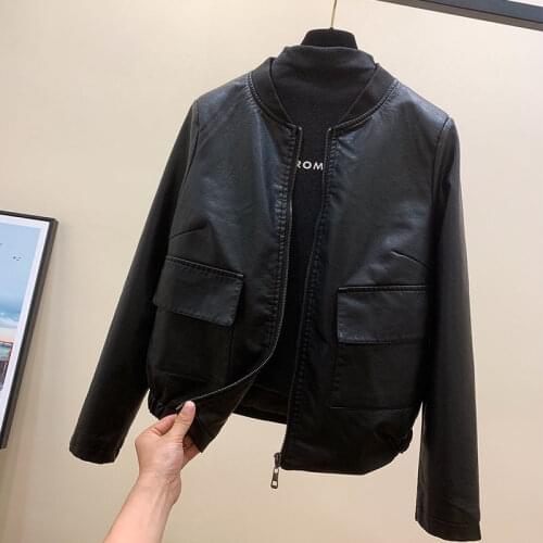 LY VAREY LIN Spring Autumn Women Fashion O-neck Zipper Long PU Leather Jacket Casual Loose Long Sleeve Solid Short Jacket Coat