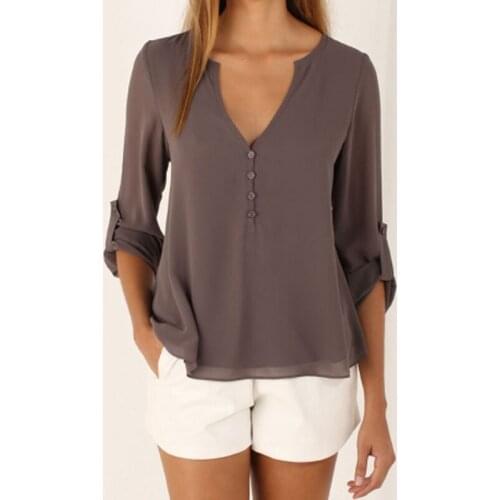 Grey Long Sleeve Chiffon Blouse Shirt Fall Deep V Neck Buttoned Back High Asymmetric Loose Casual Spring Autumn Women Top