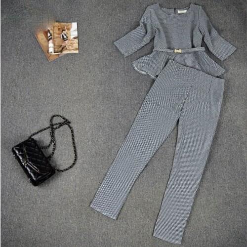 2020 Womens Business Pants Suits plaid Houndstooth Checker Pattern Ruffles Suits For Women spring pink 2 Pieces Set outfits