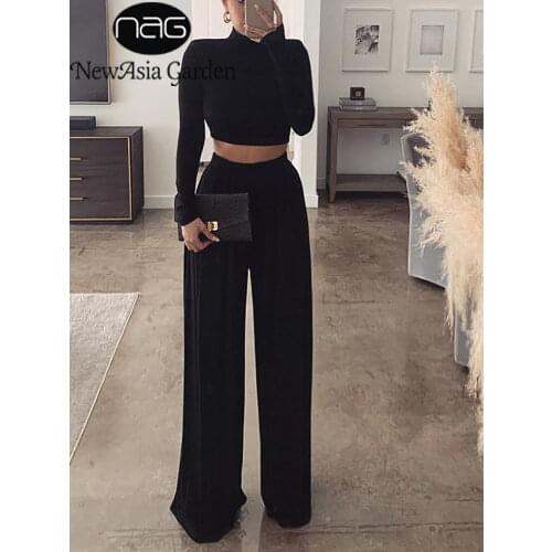 NewAsia Two Piece Pants Set Long Sleeve Bodycon Crop Tops Loose High Waist Wide Leg Pants Fall Casual Suit Joggers Women Set