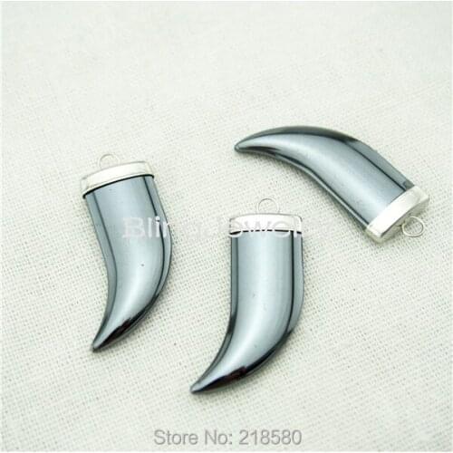 H-SP78 Hematite Horn Tusk Charm Pendant Silver Plated
