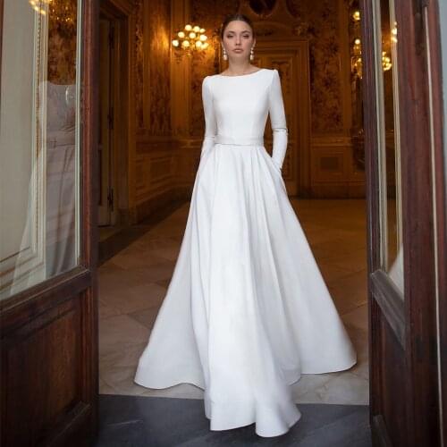 Modest Satin Wedding Dresses O-neck White Ivory robe de mariée Long Sleeve A Line Bridal Dresses Vestido de Novia With pocket