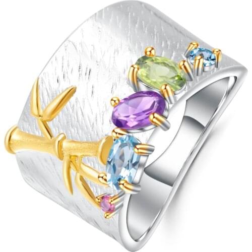 GEMS BALLET Real 925 Sterling Silver Bamboo Finger Rings for Women Natural Topaz Amethyst Peridot Gemstone Ring Fine Jewelry