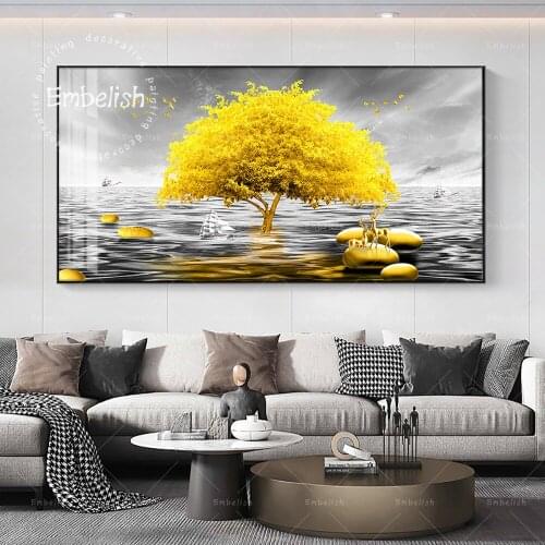 1 Pieces Large Size Golden Tree On Water Modern Home Decor Artworks For Office HD Canvas Paintings Living Room Wall Art Pictures
