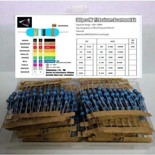 300pcs 1% 1W 10R ~1M Ohm 30Values*10pcs=300pcs Metal Film Resistor Assorted Kit