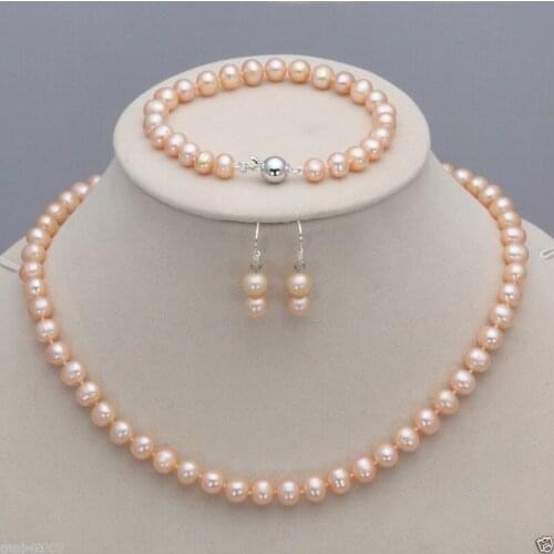 100% Selling full Genuine 7-8mm Freshwater Cultured Pearl Necklace Bracelet & Earrings A Set