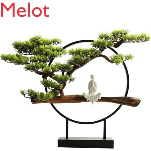 Chinese Style Welcome Pine Decoration with Light Living Room TV Cabinet Zen Decoration Wooden Art Root Carving