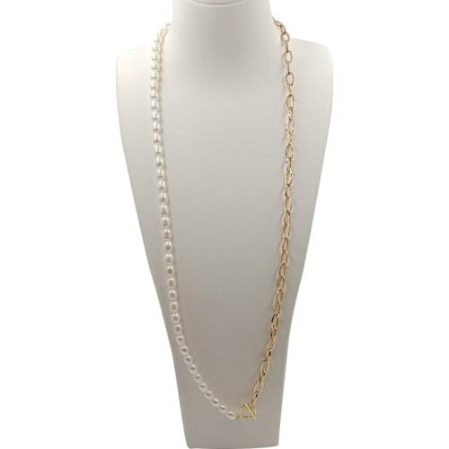 80 cm ,100% NATURE FRESHWATER PEARL LONG NECKLACE-stainless steel chain with 18 k gold plating , rice shape freshwater pearl
