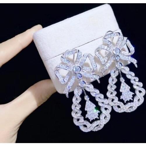 Bowknot drop earring long earring 925 sterling silver with cubic zircon fine women jewelry free shipping party earring
