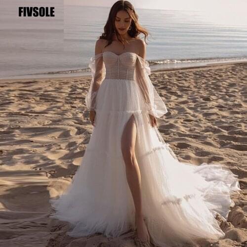 Fivsole Illusion Tulle Wedding Dresses 2021 Draped Puff Sleeves Sweetheart Vestido De Noiva Leg Slit Princess Robe De Mariée