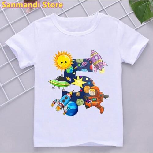 Cute Kids Clothes 3th/4th/5th/6th/7th/8th/9th Birthday Gift Astronaut Satellite Graphic Print Tshirt Girls/Boys Children T Shirt