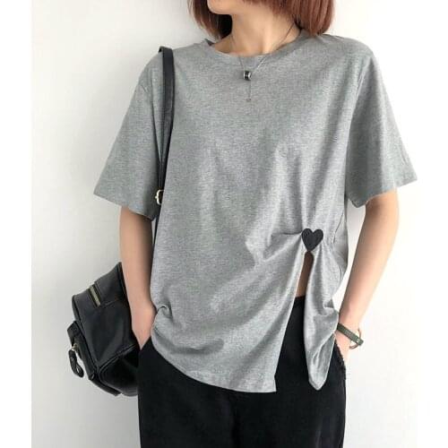 Pure Cotton Short Sleeve T-Shirt Women 2021 Summer New Korean Loose Round Neck Embroidery Side Slit Solid Color Casual Top zh454