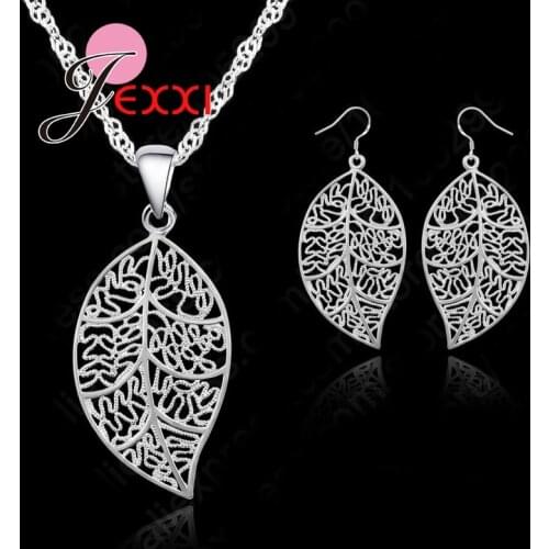 Classic Jewelry Best Genuine 925 Sterling Silver Jewelry Sets leaves Earring Hook And Leaf Pendant Necklaces+18"