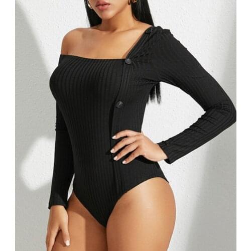 OMSJ Black Sexy Bodysuits Women Autumn Winter 2019 Solid Jumpsuits Long Sleeve One Shoulder Nightclub Style Playsuit Knitted Top