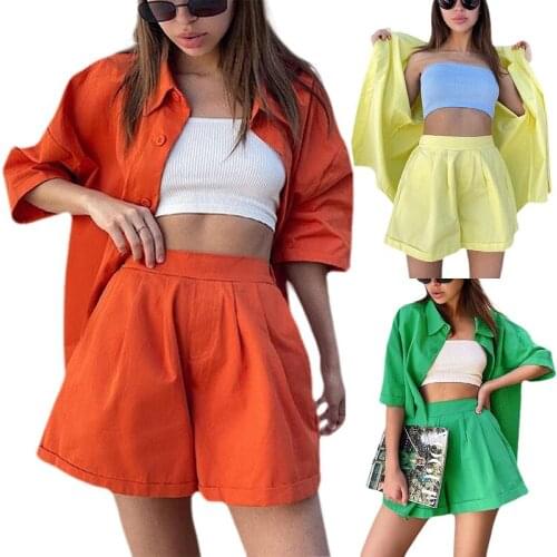 New Woman Girls Solid Color Shorts Set Half Sleeve Long Shirt Tops Short Pant Bottom 2PCS High Street Female Suit
