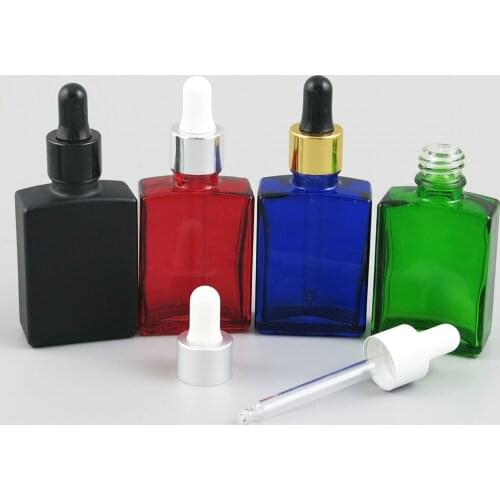 12 x 30ml Square Flat 1oz white Black Clear Blue Glass E liquid Container With Gold Drop 30cc Drop Containers