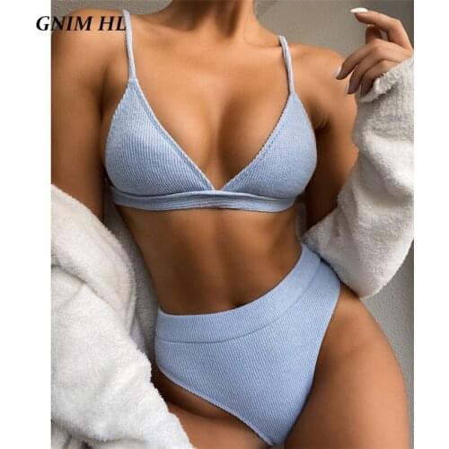 GNIM High Waist Bikini Swimwear Women 2020 Summer Solid Brazilian Swimsuit Female Two Pieces High Cut Backless Bather Suit New
