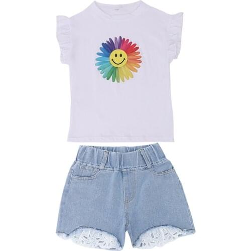 Summer Girls Clothes Sets Kids Fashion Cotton Sets Flower Print Short Sleeve T-shirt+Denim Shorts Two-piece Set Childrens Sets
