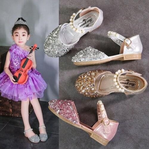Summer Kids Girls Baby Pearls Sequins Bling Princess Shoes For Girls Flat Gold Silver Wedding Party Dance Dress Shoes New 2020