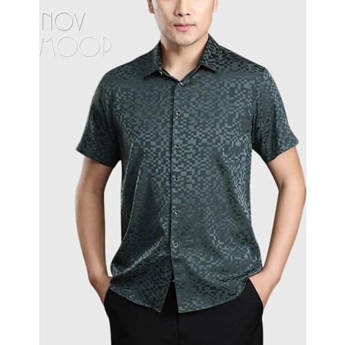 Novmoop spring summer casual style men green blue grey short sleeve spandex silk shirt camisa masculina chemise LT3049
