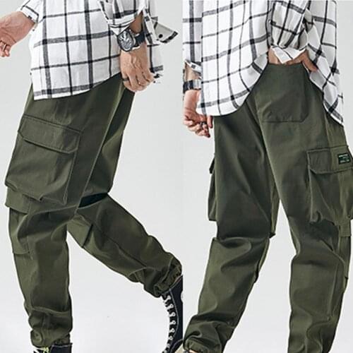 80% Dropshipping!!Men Pants Solid Color Ankle Tied Summer Multi Pockets Drawstring Trousers for Sports