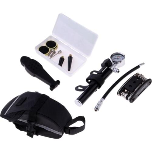 Bike Cycling 16 in 1 Multi Hex Spoke Wrench Screwdriver Bicycle Tire Repair Tools Kit Set Tyre Air Pump Inflator with Gauge